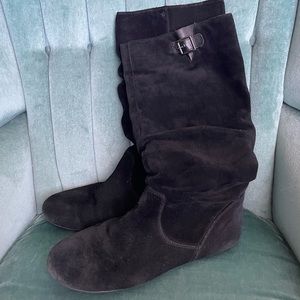 Knee High Black Suede Boots, with decorative accent